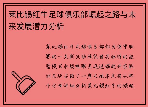 莱比锡红牛足球俱乐部崛起之路与未来发展潜力分析
